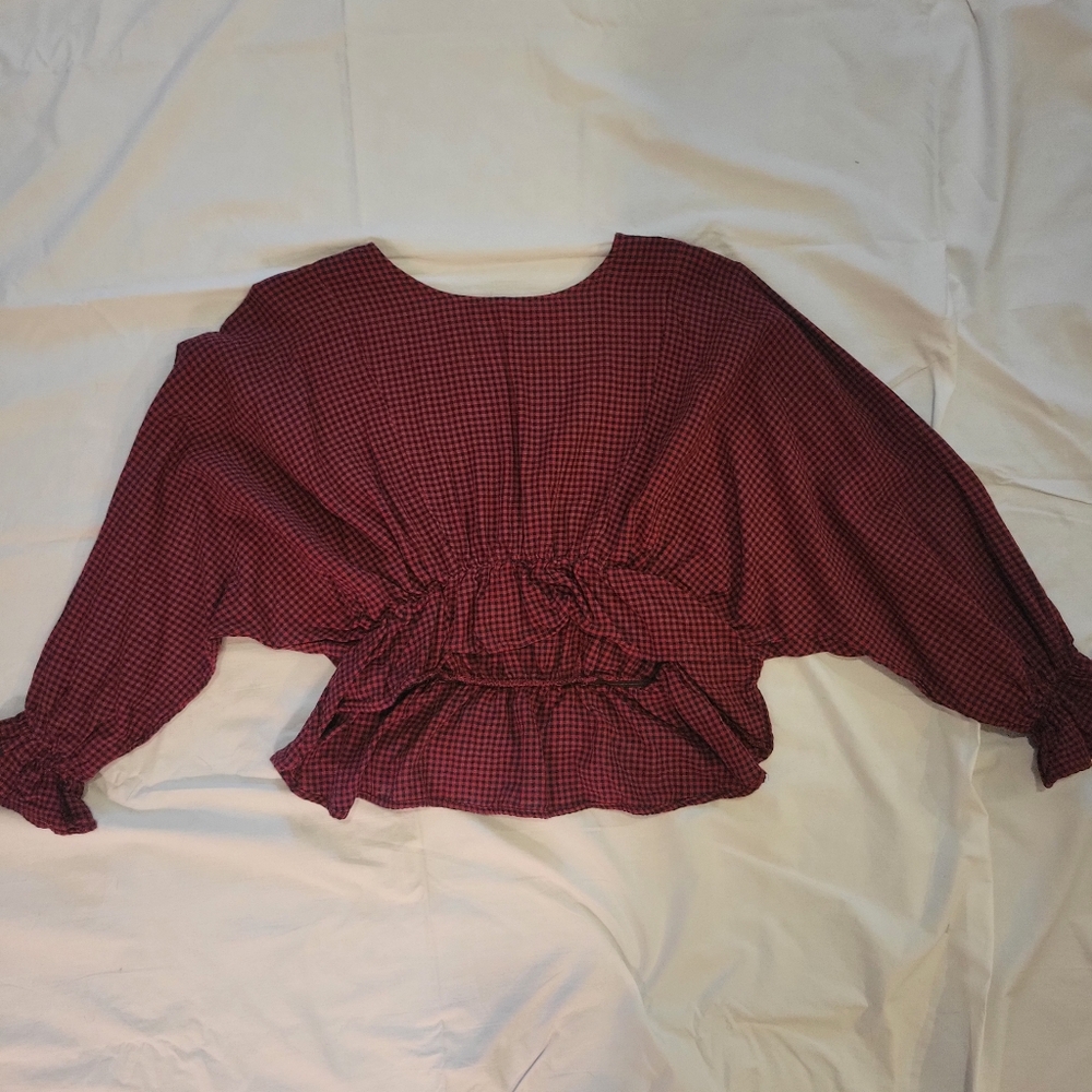Forever 21 Red and Black Checker Gingham Baby Doll Blouse Top Medium